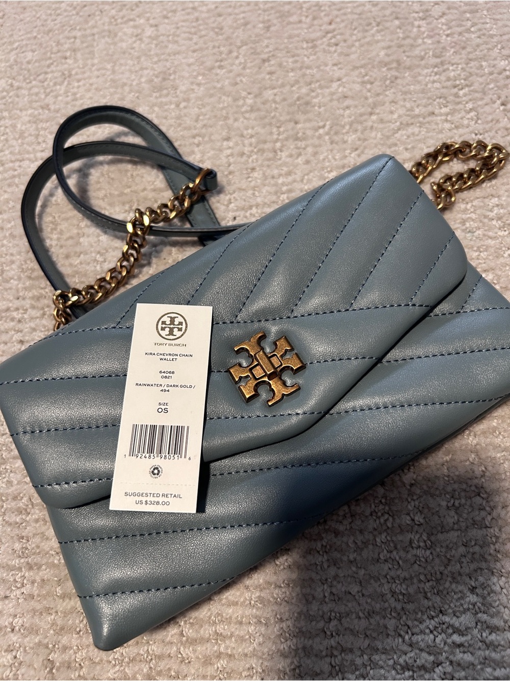 Tory Burch Kira Chevron Chain Wallet in Rainwater